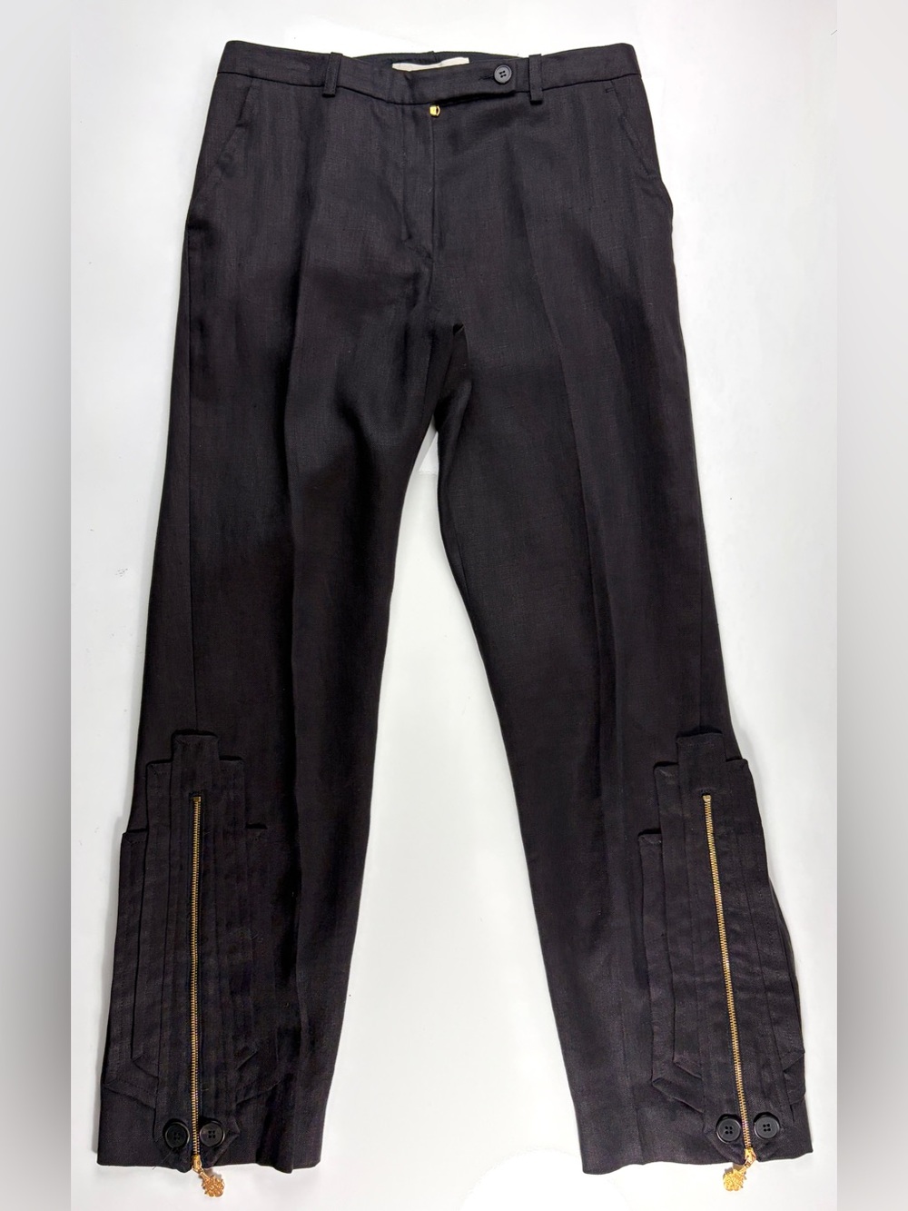 Antonio Berardi Art Deco Inspired Black 100% Linen Trousers w/ Gold Zippers Sz 2